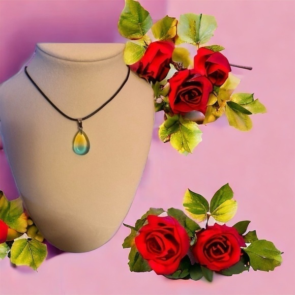 Jewelry - Yellow & blue green Water Drop Shape Charm with 18In Leather Cord Chain Necklace